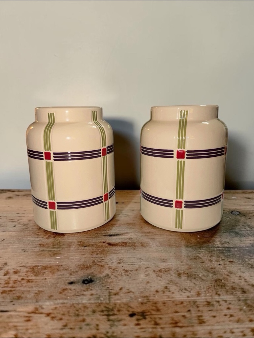 Longaberger Cream Ceramic Canisters with Green, Purple and Red Plaid Accents